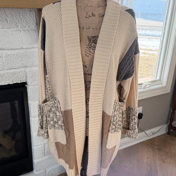 BKE Sweaters - BKE Patchwork Knit Cardigan in Cream and Brown